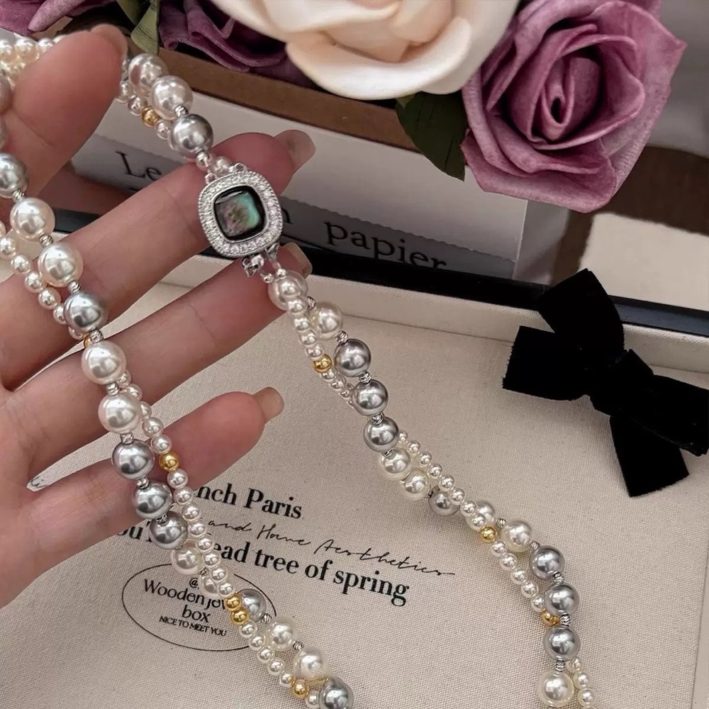 Pearl and Silver Tone Layered Necklace with Abalone Accent